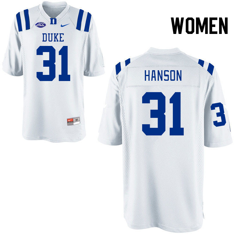 Women #31 River Hanson Duke Blue Devils College Football Jerseys Stitched Sale-White - Click Image to Close